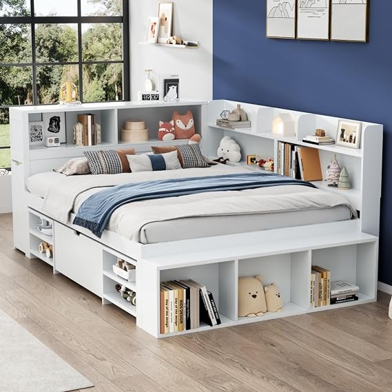 Merax Stylish 4FT6 Bed Frame with Drawers, Bookcase and Storage Cupboard, Multifunctional Double Bed with Storage, Wooden Double Bed Frame, Children's Bed, Slatted Frame, White, 135x190cm