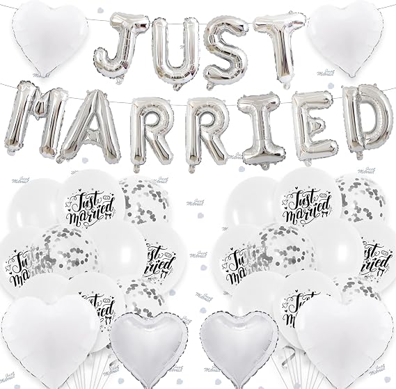 Just Married Decorations Banner - Wedding Party Decoration Heart Letter Balloon Latex Balloons, Silver Confetti Party Supplies for Mr and Mrs Just Married Decor