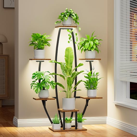 plant JUSTOGO 7 Tiered Large Shelf, 47" Corner Grow Light, Metal Flower Holder Curved Display Rack for Indoor Plants, Living Room, Home Decor, Patio"}