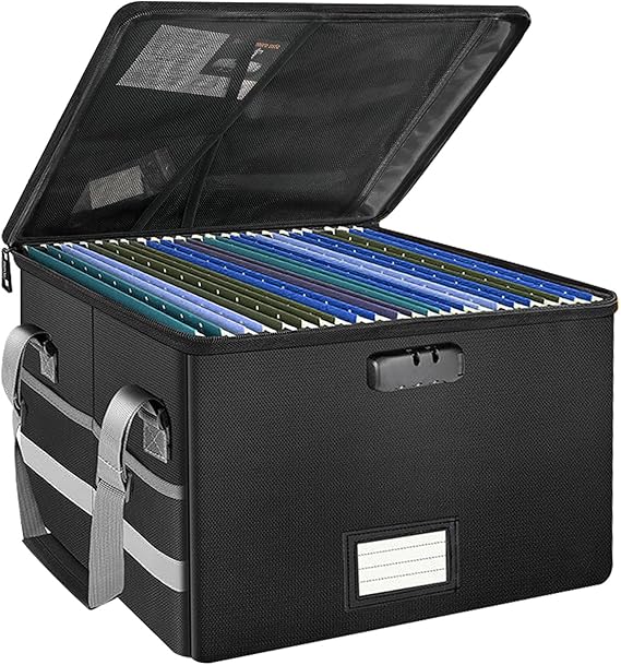 Fireproof Document Box Waterproof File Box with Lock, Filing Box with Handle and Zipper Collapsible & Lockable File Organiser Home Office Filing Safe Storage Boxes for A4 Suspension File Folder