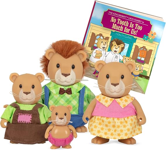 Li'l Woodzeez Kingsberry Lion Family Animal Figurines with Storybook