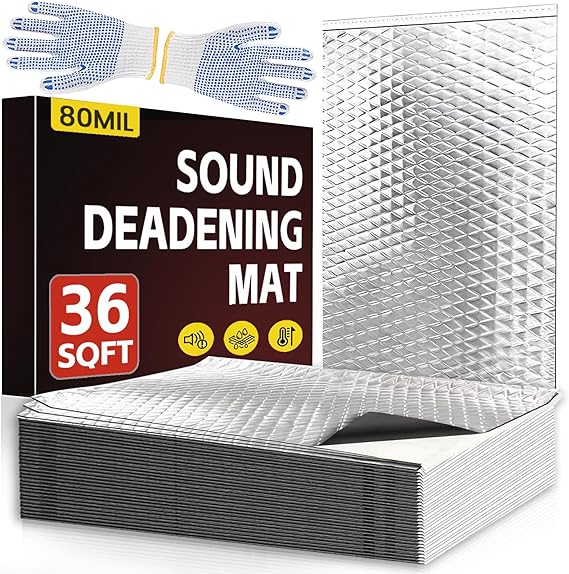 DNSGOOR 33 Pcs 80mil (2mm) 36 sqft(3.4 sqm) Car Sound Deadening Mat,Butyl Automotive Sound Deadener,Noise Insulation and Vibration Dampening Material with Silicone Bumps Gloves