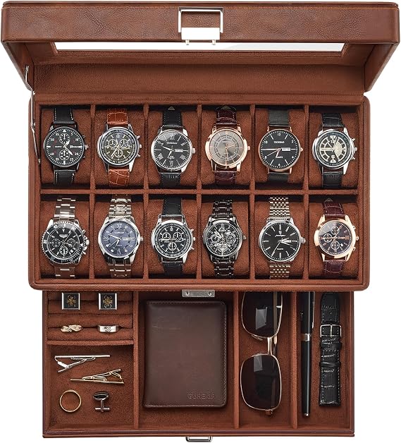 ProCase 12 Watch Case, Large Capacity, 2 Tiers, Transparent Top, Multifunctional Storage Watch Box, Dustproof, Anti-Vibration, Jewelry Organizer, Glass Lid Included, Display