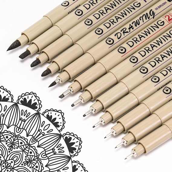 Fineliners 12 Pcs, Micron Pens Set Fine Liner Black, Technical Drawing Micro Ink Art Smooth Brush for Sketching, Illustration, Manga, Scrapbooking, Handwriting, (HHZGB12P)