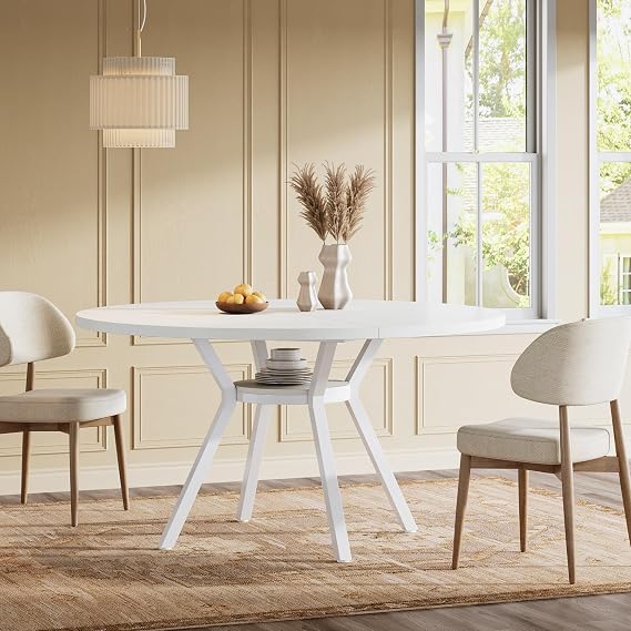 Tribesigns White Dining Table for 4-6, 120CM Round Kitchen Table with Storage, Wooden Circle Dinner Table with Metal Legs, Rustic Mid Century Modern Dining Room Tables for Kitchen, Living Room