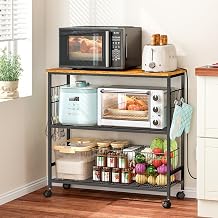 Rolling Kitchen Island Cart, 3 Tier Microwave Table Stand with Adjustable Shelf, Kitchen Storage Utility Cart on Lockable Wheels, Bakers Rack Coffee Bar Shelf Organizer for Ding, Living Room, Office