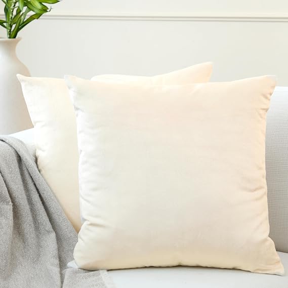 Encasa Homes Velvet Cushion Covers Set of 2 40 x 40 cm Cream Plain Soft and Smooth Washable Square Large Scatter Cushion Covers for Couch Sofa Chair Bed and Living Area