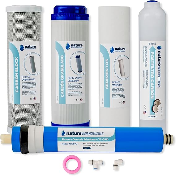 NATURE WATER PROFESSIONALS Universal 5-Stage Reverse Osmosis Replacement Filters, Membrane 75 GPD, with Installation Accessories