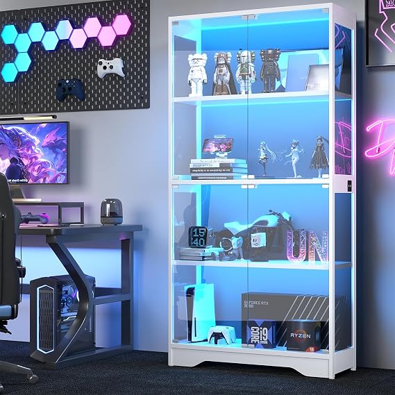 knoworld Display Cabinet with Glass Doors, 63" Tall Curio Cabinet with Human Sensor RGB LED Lights, 4-Tier Glass Display Case with 15mm Thick Shelves for Action Figures, Collectibles, Books - White