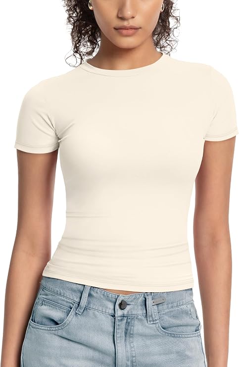 Womens Basic Casual Short Sleeve T-Shirts - Y2k Scoop Neck Summer Crop Tops Slim Fit Tees