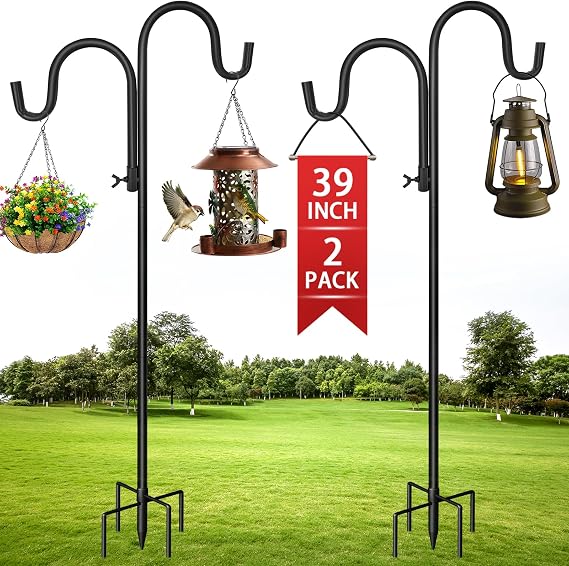 2 Pack Double Shepherds Hooks for Outdoor, 100CM Adjustable Height Shepherds Crook Hooks with 5 Prong Base, Bird Feeder Poles, Heavy Duty Metal Garden Hook for Garden Lights, Lanterns, Plant Baskets
