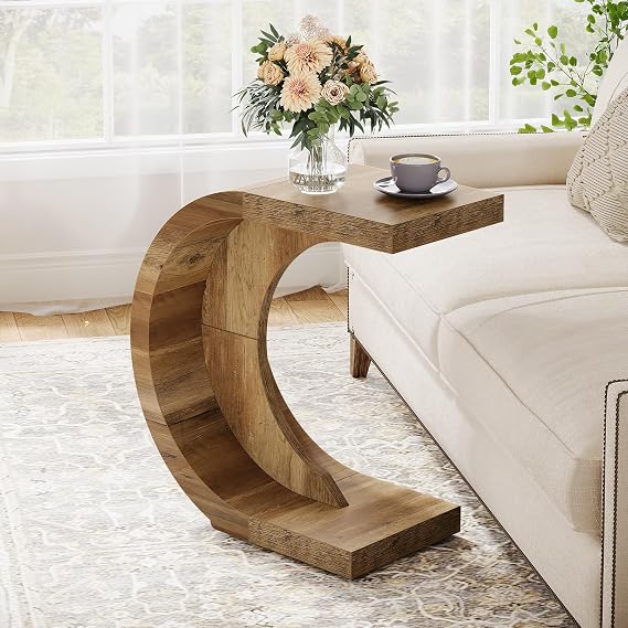 Tribesigns C Shape Side Table, 70 x 30 x 65 cm, Coffee Table, Snack Table, Narrow Bedside Table for Living Room, Bedroom, Rustic Brown