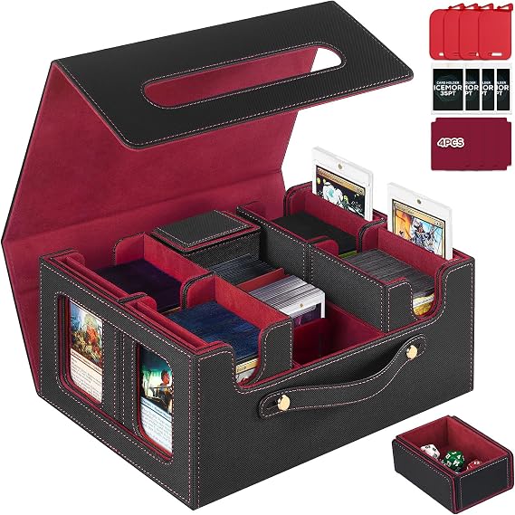 Commander Deck Box with Handle,Trading Card Storage Box for MTG&TCG.Card Storage Box,Includes 4 Lids,4 Stoppers,4 Colored Dividers.(Black& Red, 5 IN 1)