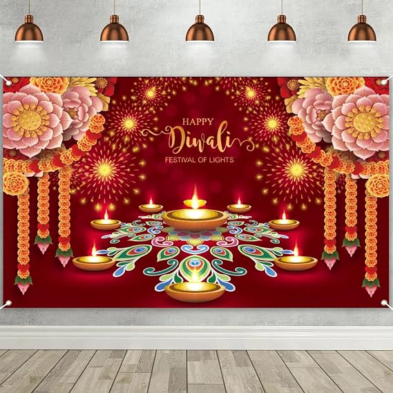Happy Diwali Backdrop Decorations, 70x43 Inch Diwali Banner Indian Festival of Lights Marigold Flowers Decor, Perfect for Indoor & Outdoor Celebrations