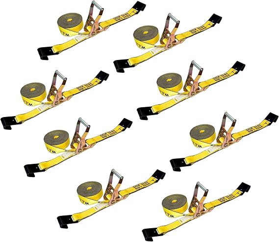 Mega Cargo Control Flat Hook Ratchet Straps (8 -Pack), 2 Inch X 30 Foot, Yellow Heavy Duty Ratchet Strap with 10,000 lbs Break Strength - Tie Down Straps for Flatbed Trailer