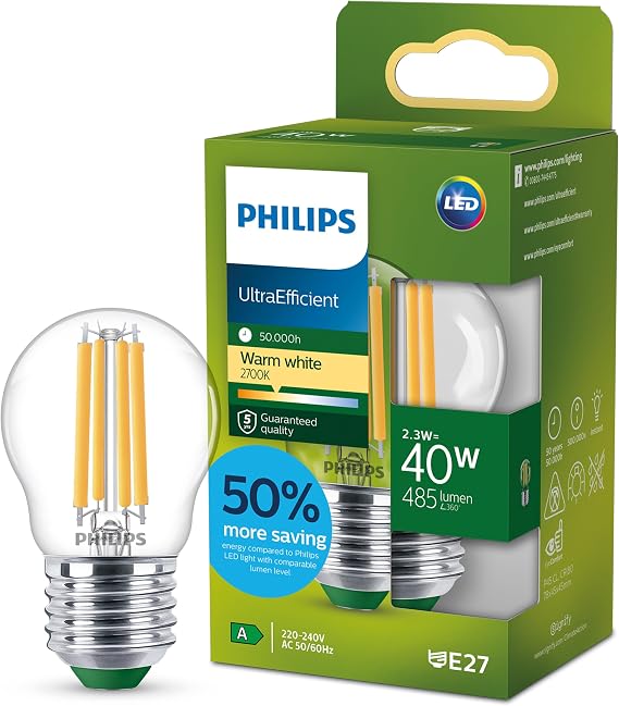 PHILIPS Efficient LED Filament Bulb P45 E14 485lm 2.3W 2700K White [Energy Class A]