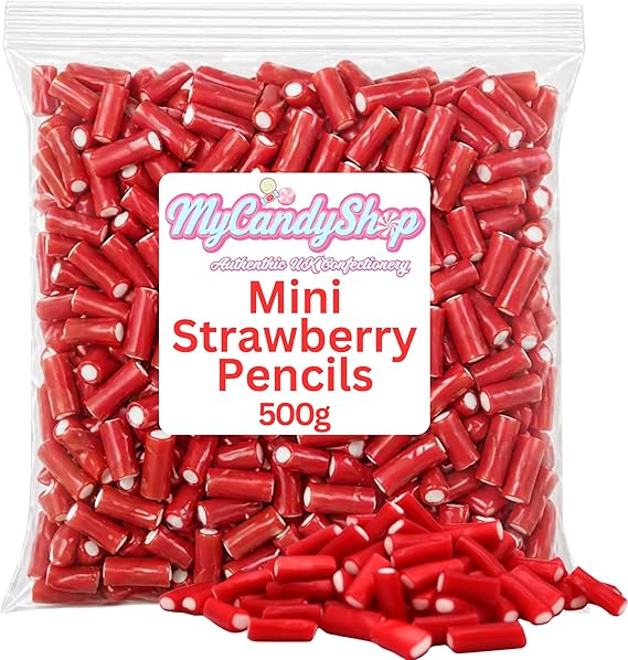 Mini Strawberry Pencils Sweets Bag 500g - Red & White Filled Cables Candy