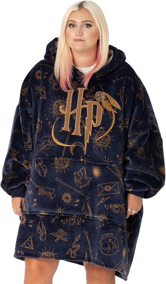 Harry Potter Vuddie Oversized Blanket Hoodie for Men and Women, Icons and Logo, Fluffy Fleece Pullover, One Size Sweatshirt with Large Pocket
