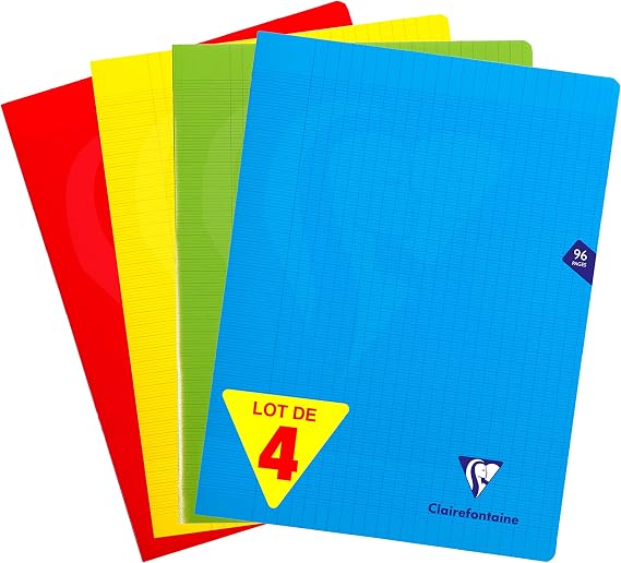 Clairefontaine, 293361AMZC, Pack of 4 Notebooks, Mimesys, 24 x 32 cm, 96 Pages, Interior: Large Squares, White Paper, 90 g, Polypropylene Cover, Blue, Red, Yellow, Green