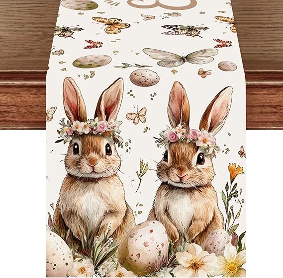 Pwsap Easter Table Runner Easter Eggs Rabbit Butterfly Rabbit Happy Easter Table Runner with Pattern Easter Table Runner Spring Table Decoration for Kitchen Dining Table Party Decoration 72
