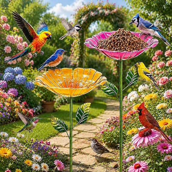2 Pack Bird Baths for Outdoors, Giant Metal Bird Bath and Feeder