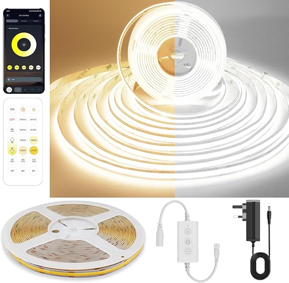 cob led Strip Light 2m,24V Strip Lights CCT(2700-6500K) | 8mm Wide,CRI90+ 24V Dimmable dimmable cob led strip Kit with APP Control/Music Mode,for Bedroom,Kitchen,DIY Lighting [Energy Class D]