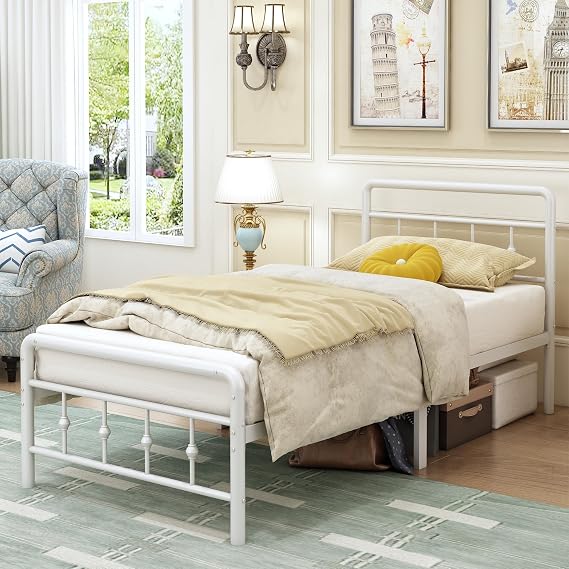 EMODA Single Bed Frame with Victorian Headboard, 90 x 190 cm, White