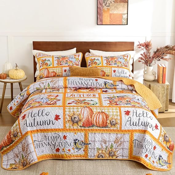 Thanksgiving Patchwork Quilt Set Turkey Pumpkin Sunflower Bedspread Set King Size-Autumn Harvest Themed Polyester Bedding Set 3 Pieces(104x90)