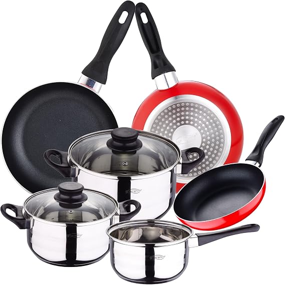 San Ignacio PK2356 5-Piece Stainless Steel Cookware Set and Set of 3 Red Frying Pans, Pressed Aluminum, Induction, 16/20/24 XM