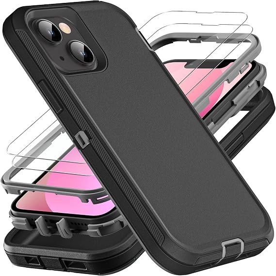 YmhxcY for iPhone 13 Mini Case, Military Grade 3 in 1 Heavy Duty Shockproof/Drop Proof/Dust Proof Case with 2Pcs Tempered Glass Screen Protector (Black/Grey)