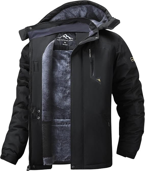 Tansozer Men's Waterproof Winter Jacket Windproof Warm Ski Fleece Outdoor Coat with Removable Hood