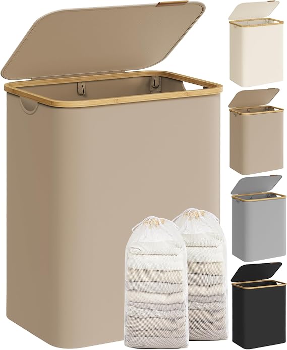 SONGMICS Laundry Basket with Lid, 2-Section Large Laundry Hamper, 130 L, Removable Mesh Liner, Oxford Fabric, Bamboo Handles, Collapsible, 52 x 38.5 x 70.5 cm, Camel Brown LCB513LJ01