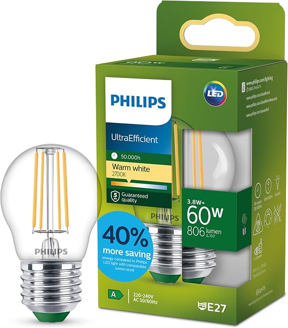 Philips LED UltraEfficient Clear P45 Filament Bulb, E27 Edison Screw, Energy Class A, 806 lm, 60W Equivalent, Warm White (2700K), EyeComfort, 50,000 Hours, 1 Pack [Energy Class A]