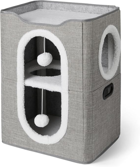 Amazon Basics 2 Tier Cat House for Indoor Cats, Cat Cave Cover with Scratcher and Sponge Ball, Foldable Cube Cat Houses, 17 x 14 x 22.5 Inches, Grey