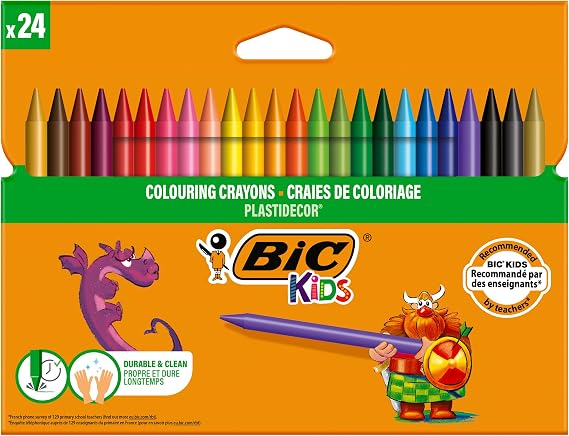 BIC Kids Colored Waxes for Children, Optimal for School Supplies, Plastidecor, Vivid Assorted Colors, Great for Coloring, 24 Crayons (Pack of 1)