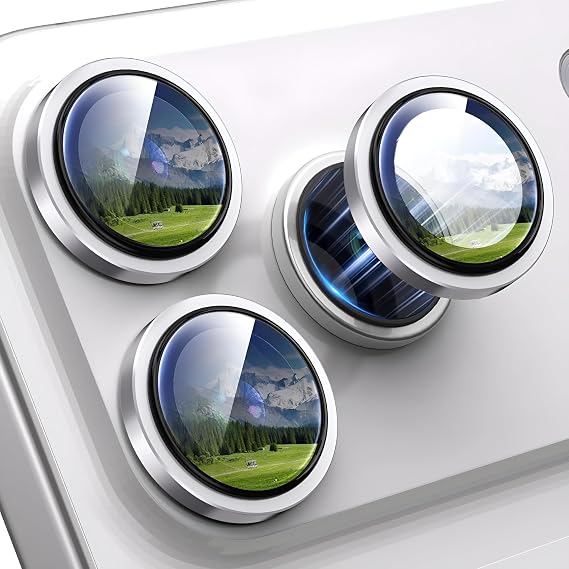 Minesk iPhone 16 Pro-16 Pro Max/17 Pro-17 Pro Max ile Uyumlu Kolay Kurulum Aparatlı Alüminyum Alaşım Çerçeveli ve 9H Sertliğinde Temperli Camlı Lens Koruyucu (Gümüş, Lens Glass)