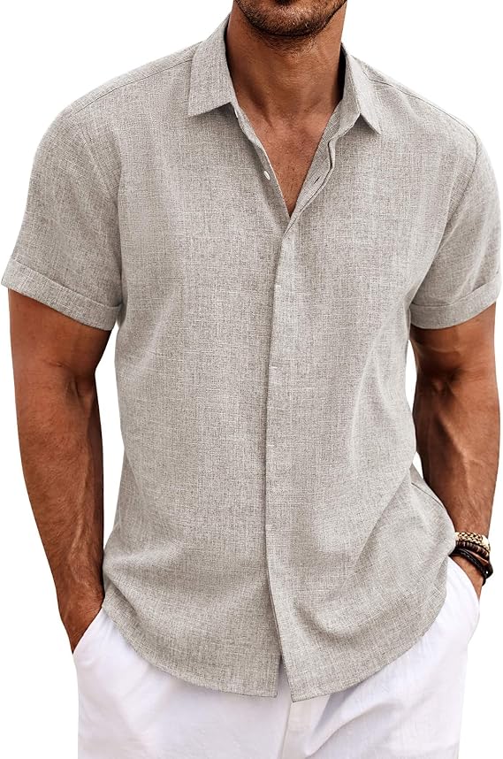 COOFANDY Mens Linen Shirts Short Sleeved Summer Regular Fit Button Down Hawaiian Holiday Tops