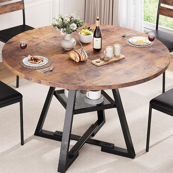 Jocoevol Round Dining Table for 2-4 People, Circle Dinner Table with Shelves, Space Saving Wood Kitchen & Dining Room Furniture (Vintage, 42 inch