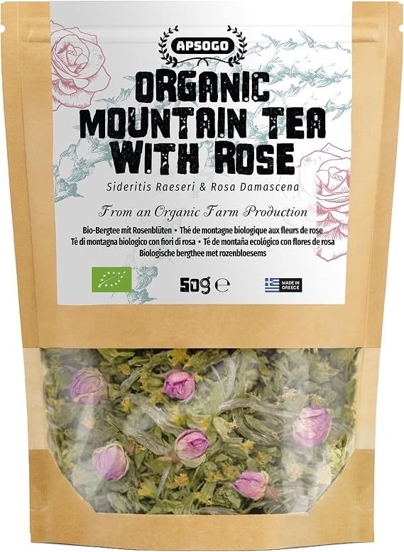 Apsogo Organic Greek Mountain Tea with Rose - Sideritis Loose Leaf, 50g