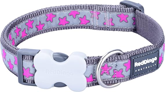 Red Dingo Bucklebone Dog Collar Design, Hot Pink Stars on Grey, Medium 20mm
