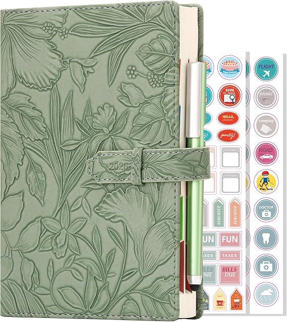 Academic Diary 2026-2027,A5 Page a day Diary 2026-2027, Day Per Page Planner Aug 2026 - Aug 2027,Hardcover Daily Planner with Monthly View, Pen,Colorful Tabs, Inner Pocket,Stickers (Green)