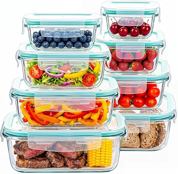 8 Pack Glass Meal Prep Containers with Lids, Glass Food Storage Containers with Snap Locking Lids,Airtight Lunch Containers for Microwave, Oven, Freezer and Dishwasher BPA Free (Green)