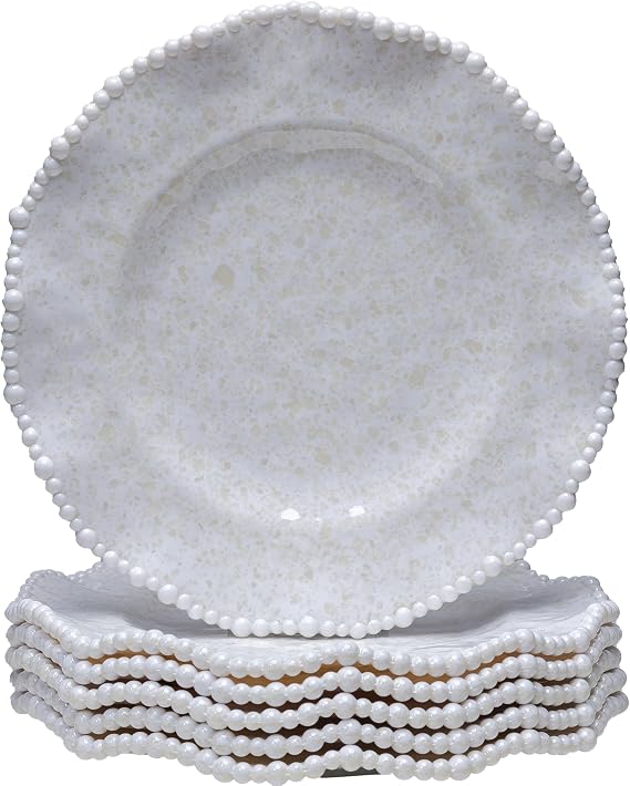 Beaded Melamine Dinner Plate, Set of 6, 11 '' Elegant Scalloped Rim big Salad/Dessert Plates Sets, Stone marble look kitchen plate, Creamy white