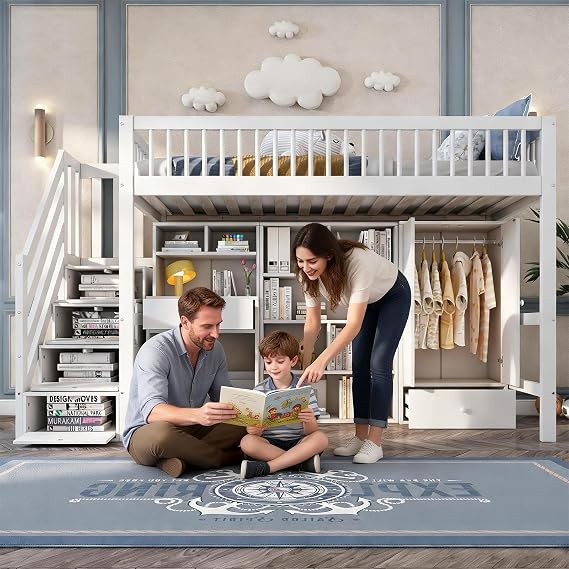 KUIKUI High Sleeper Bed with Desk and Wardrobe, Loft Kids Bed with Bookshelves and Storage Stairs, No Mattress Included, 90x190cm, White