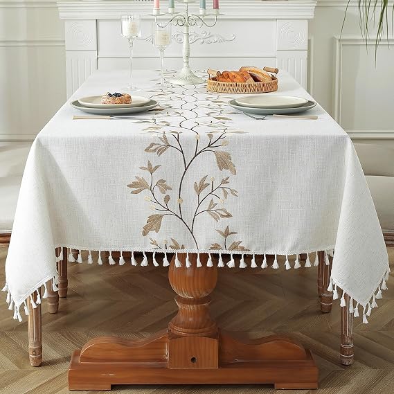 Rectangular Cotton Linen Farmhouse Tablecloth Washable Anti-Fouling Tassels Design for Kitchen, Dining Room, Picnic, Outdoor, Garden