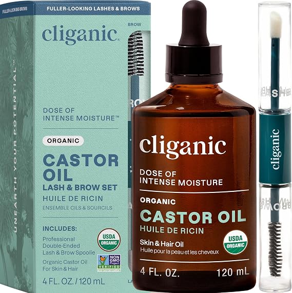 Cliganic Organic Castor Oil, 100% Pure - For Eyelashes, Eyebrows, Hair & Skin (1oz with Eyelash Kit)