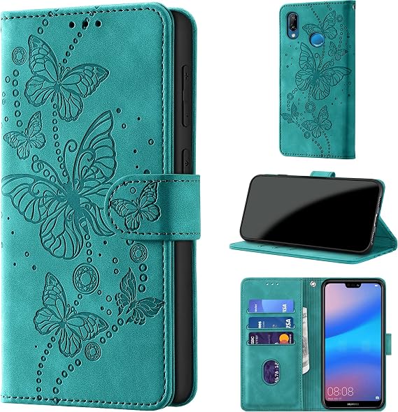 Mobile Phone Case for Huawei P20 Lite Folding Premium PU Leather Case Flip Case RFID Protection Card Slot Stand Function Leather Embossing Protective Flip Case Cover Turquoise