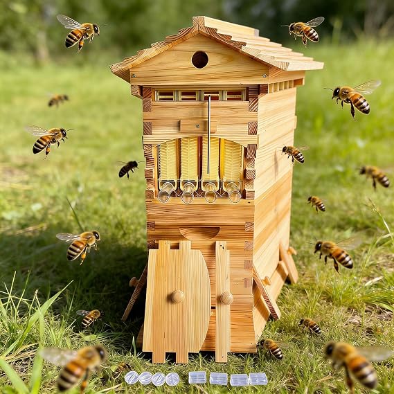 Automatic Flow Hive Beehive Kit, Bee Hive, Beehive with Stand, ncludes 6 bee Frames and 4 Honeycomb Trays, for Beekeeping,Garden Pollinators Beekeeping Hive Kit
