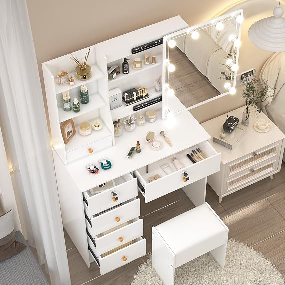 Dressing Table Set with Sliding Mirror, 10 Light Bulbs, Makeup Vanity Table with Lockable Drawers and 6 Shleves, Vanity Desk for Girls and Women, White
