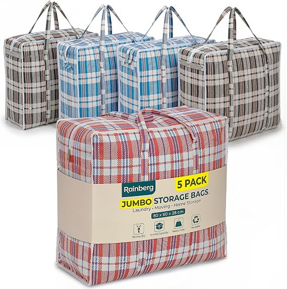 Rainberg 5 PACK JUMBO Storage Bags, 80 x 60cm Strong and Durable Holds up to 35kg, Reusable Laundry Bags with Double Zips, Ideal for Laundry, Moving House, Clothing & Wardrobe Storage